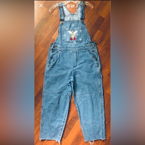 Christmas Jean Overalls Reindeer overalls blue denim cut offs Ladies medium - Picture 15 of 15
